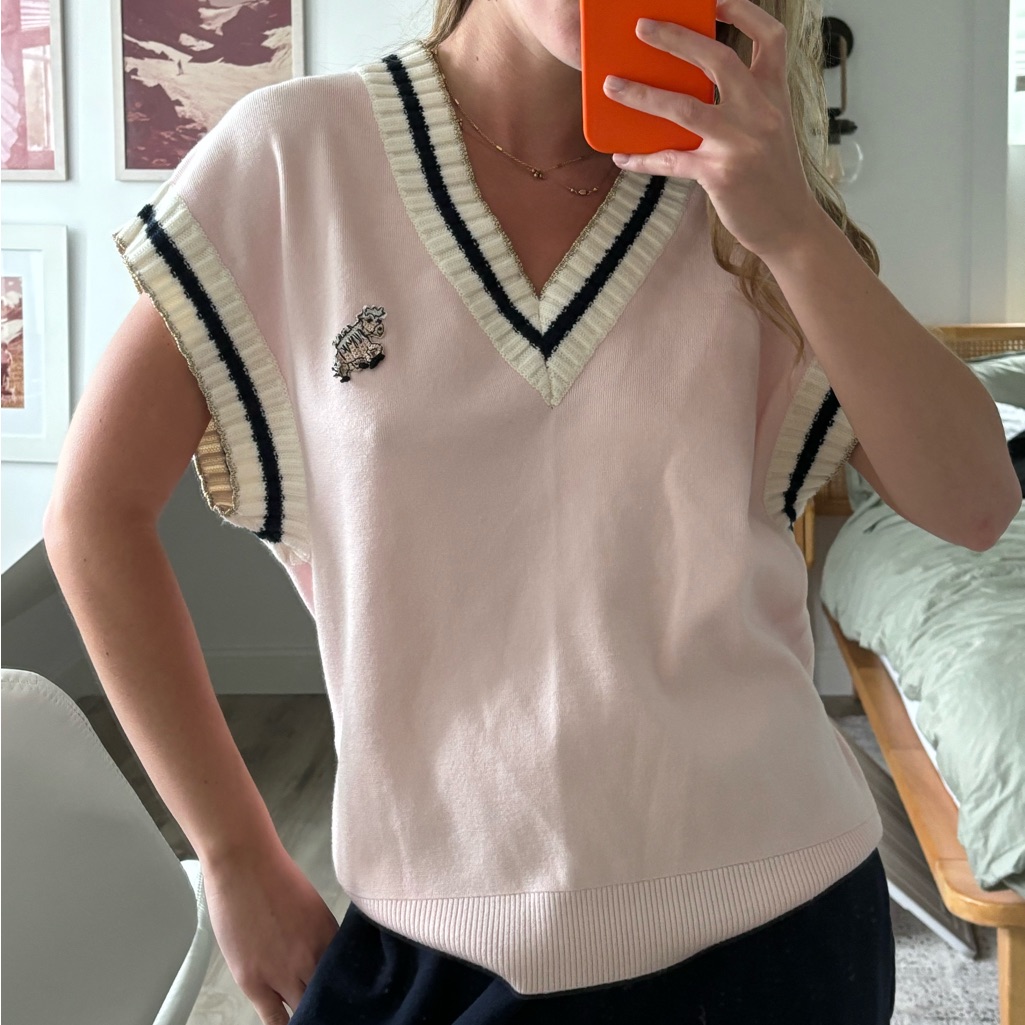 Maje Pale Pink V-Neck Sleeveless Sweater Vest With Cream & Black Trim